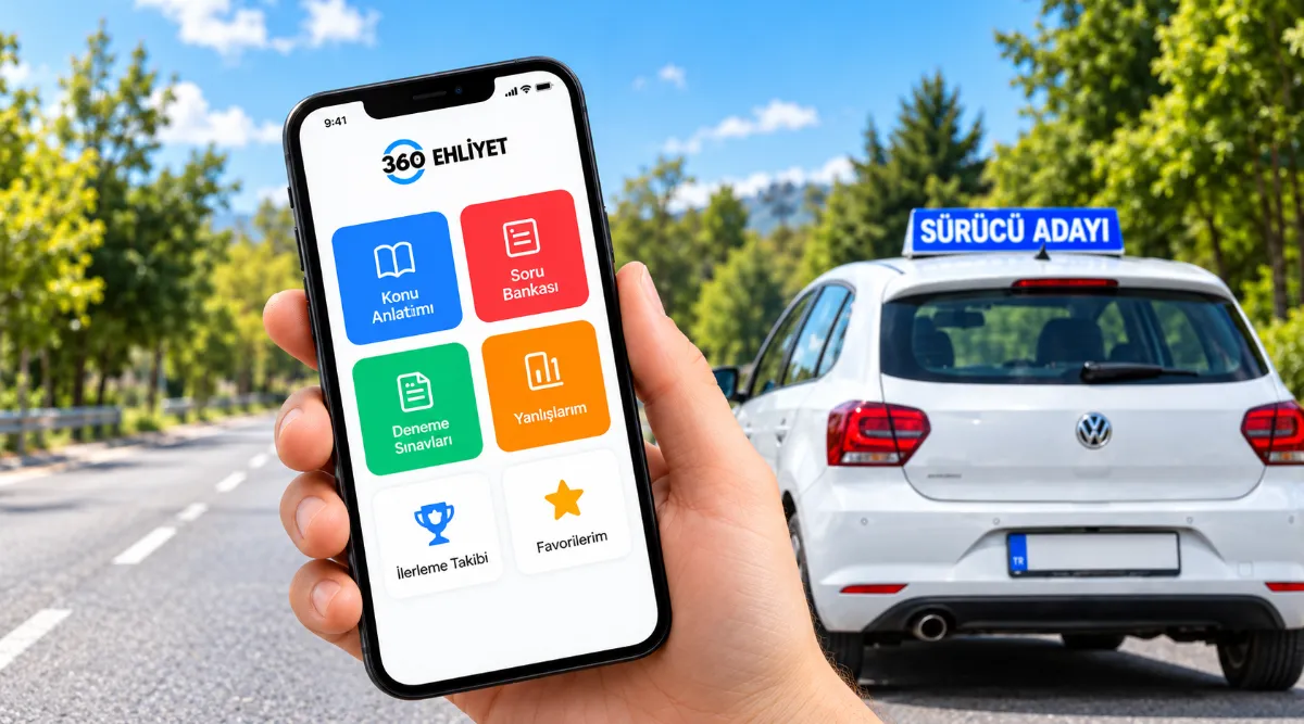 Elde 360 Ehliyet uygulaması açık telefon ve arkada sürücü adayı aracı