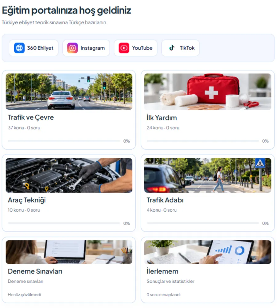 360 Ehliyet Türkçe dijital eğitim platformu ekranı