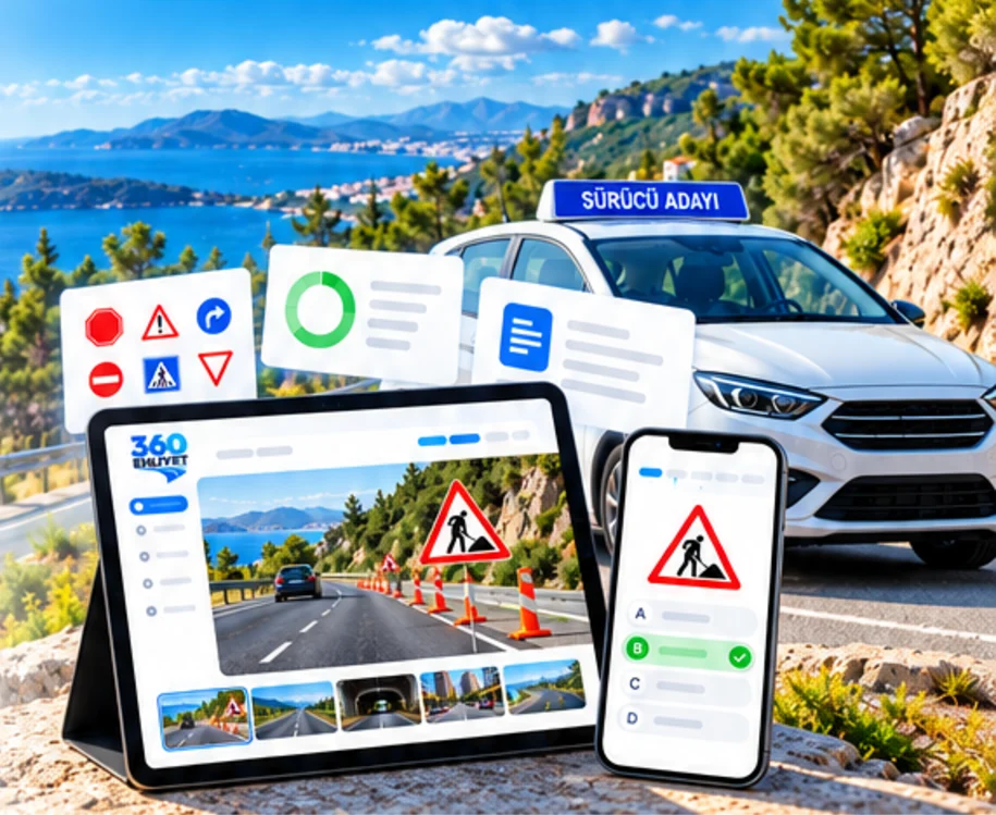 Deniz kenarında sürücü adayı aracı, tablet ve telefonda 360 Ehliyet uygulaması