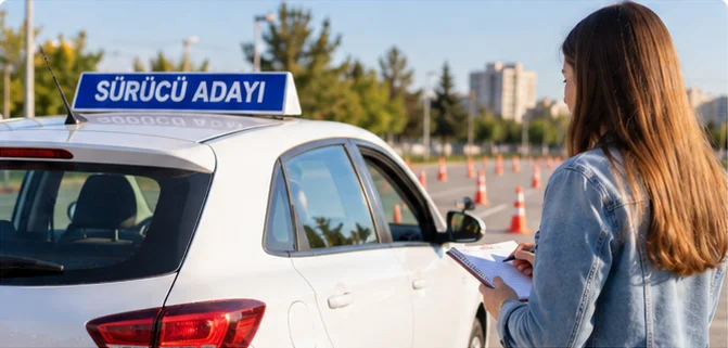 Sürücü adayı aracının yanında not alan öğrenci